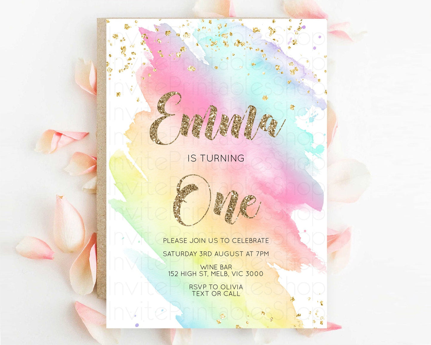 Rainbow Birthday Invitation Colorful Pastel Watercolor Invitation Gold Glitter Sprinkles Ombre Pastel 1st 2nd 3rd Birthday D10495