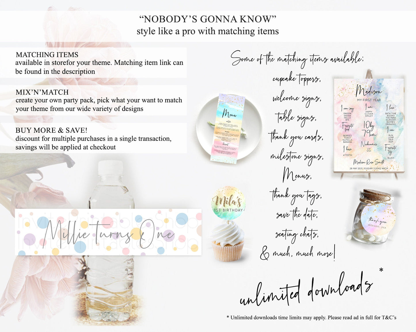 Pastel Confetti Water Label Template Rainbow Colorful Sprinkles Party Decor 1st Birthday Baptism Baby Shower Wedding Bridal Shower D10759