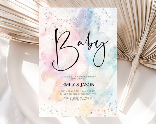 Rainbow Baby Shower Invitation Pastel Watercolor Invite Ombre Splash Invite Silver Glitter Confetti Sprinkles Colorful Gender Neutral s276v4