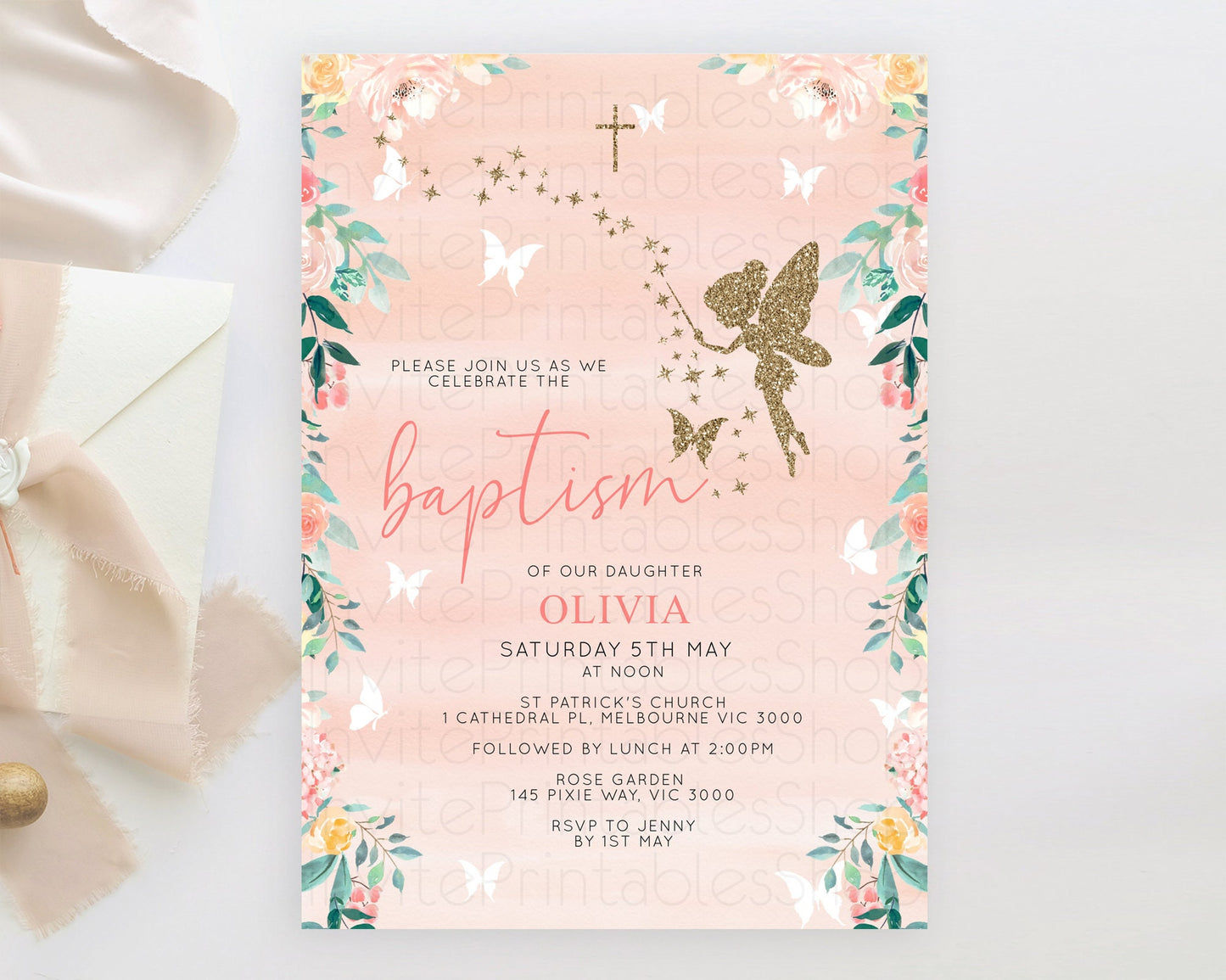 Fairy Baptism Invitation Fairy Baptism 1st Birthday Invitation Enchanted Secret Garden Christening Invite Pastel Floral Butterfly D10792