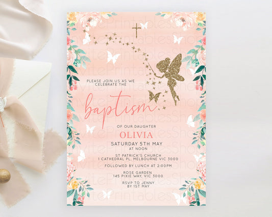 Fairy Baptism Invitation Fairy Baptism 1st Birthday Invitation Enchanted Secret Garden Christening Invite Pastel Floral Butterfly D10792