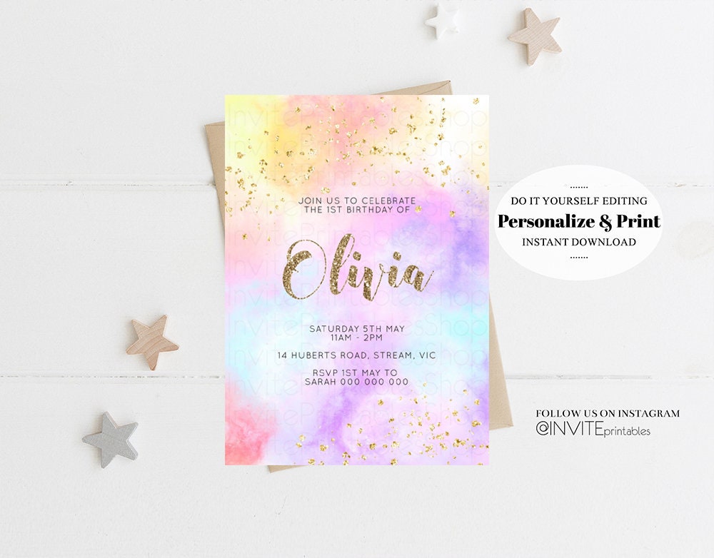 Rainbow Birthday Invitation Ombre Pastel Invitation Colorful Watercolor Splash Invite Gold Glitter Sprinkles Printable Digital Invite 499