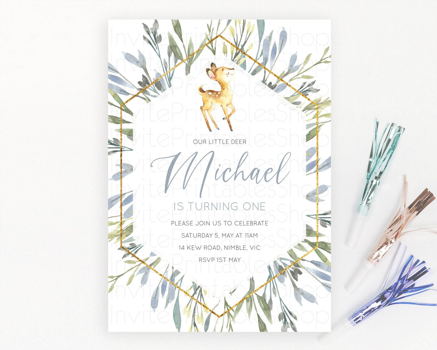 Fawn Birthday Invitation Deer Birthday Invitation Enchanted Forest Party Butterfly Pastel Flowers Whimsical 2nd 1st First Birthday D10400