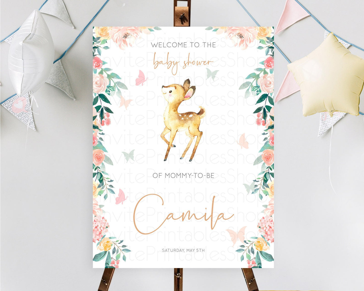 Fawn Baby Shower Welcome Sign Deer Welcome Board Floral Deer Welcome Poster Enchanted Forest Butterfly Pastel Floral Welcome Sign D10753