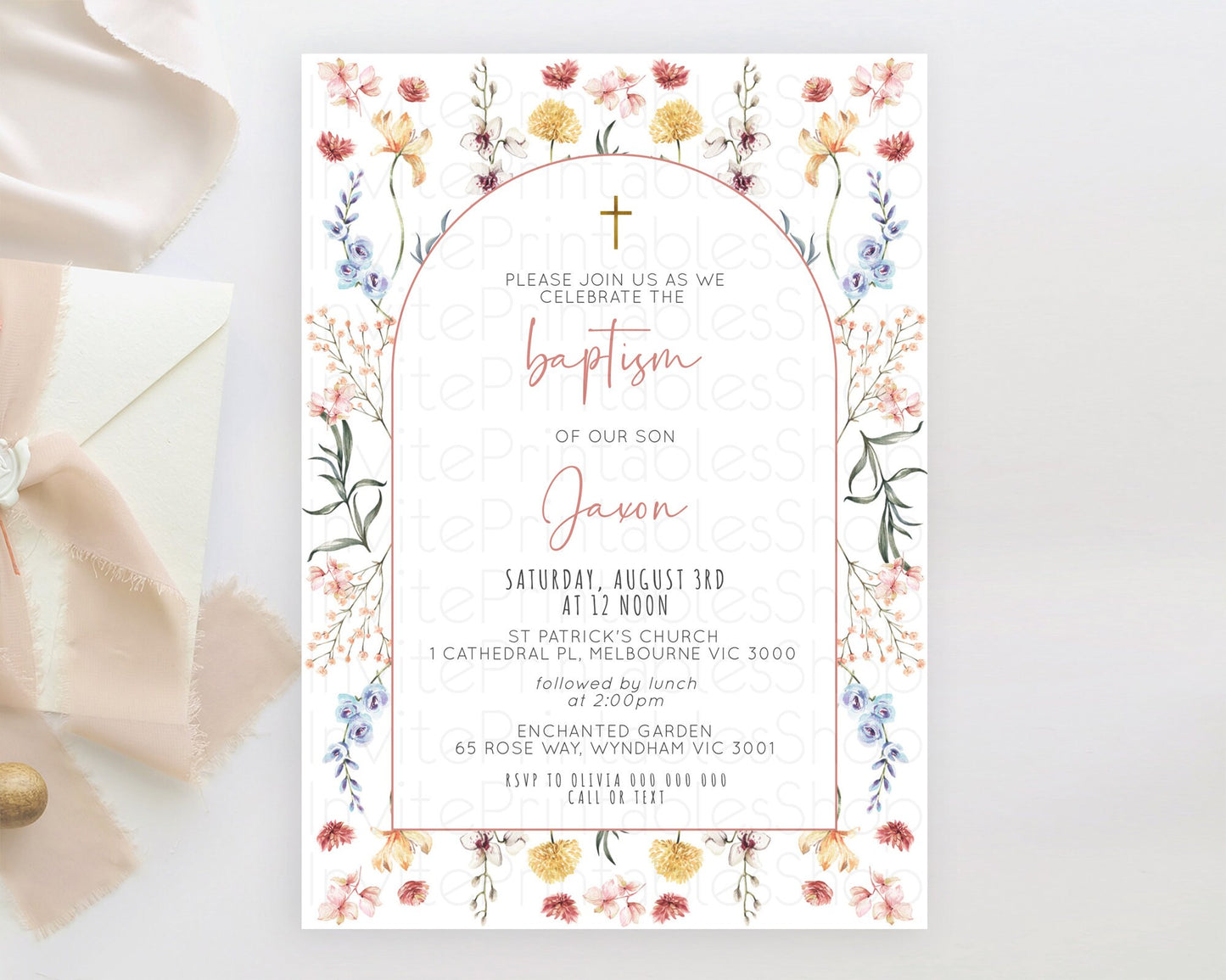 Secret Garden Baptism Invitation Wildflower Baptism Birthday Invite Pastel Flowers Christening Invite Enchanted Garden Boho Floral  D10682