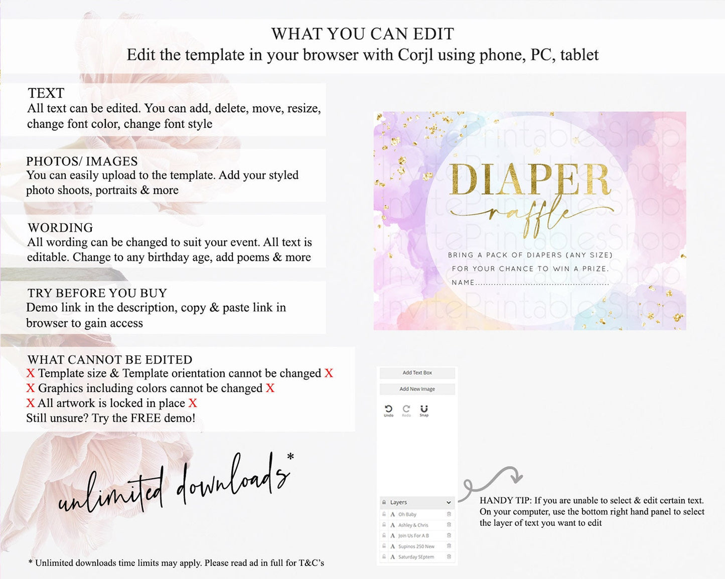 Pastel Diaper Raffle Card Pastel Rainbow Diaper Raffle Insert Colorful Ombre Watercolor Diaper Ticket Confetti Glitter Raffle Game D10623