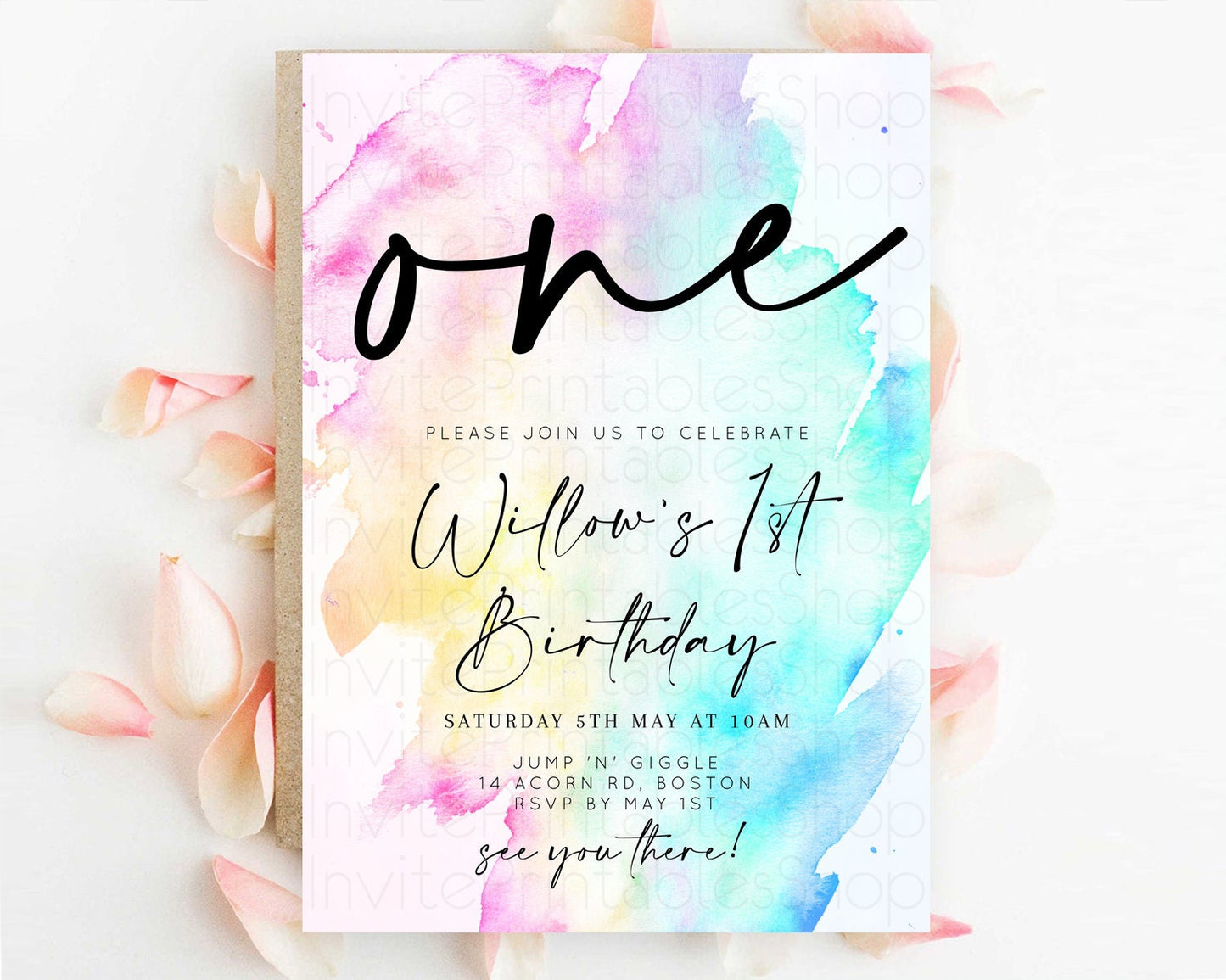 Rainbow Birthday Invitation Colorful Pastel Watercolor Invitation Gold Glitter Sprinkles Ombre Pastel 1st 2nd 3rd Birthday D11020