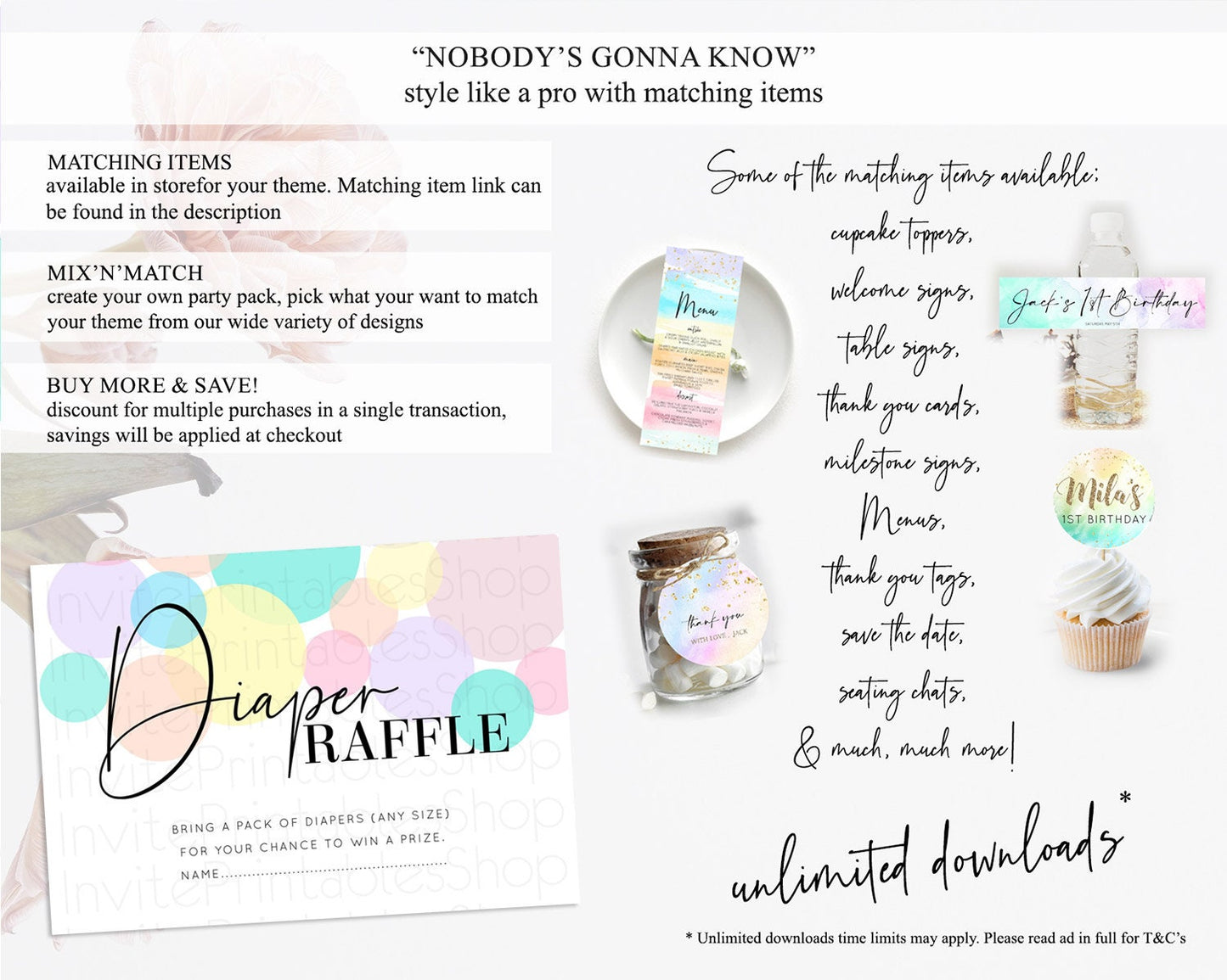 Pastel Diaper Raffle Card Pastel Rainbow Diaper Raffle Insert Colorful Ombre Watercolor Diaper Ticket Confetti Glitter Raffle Game D10784