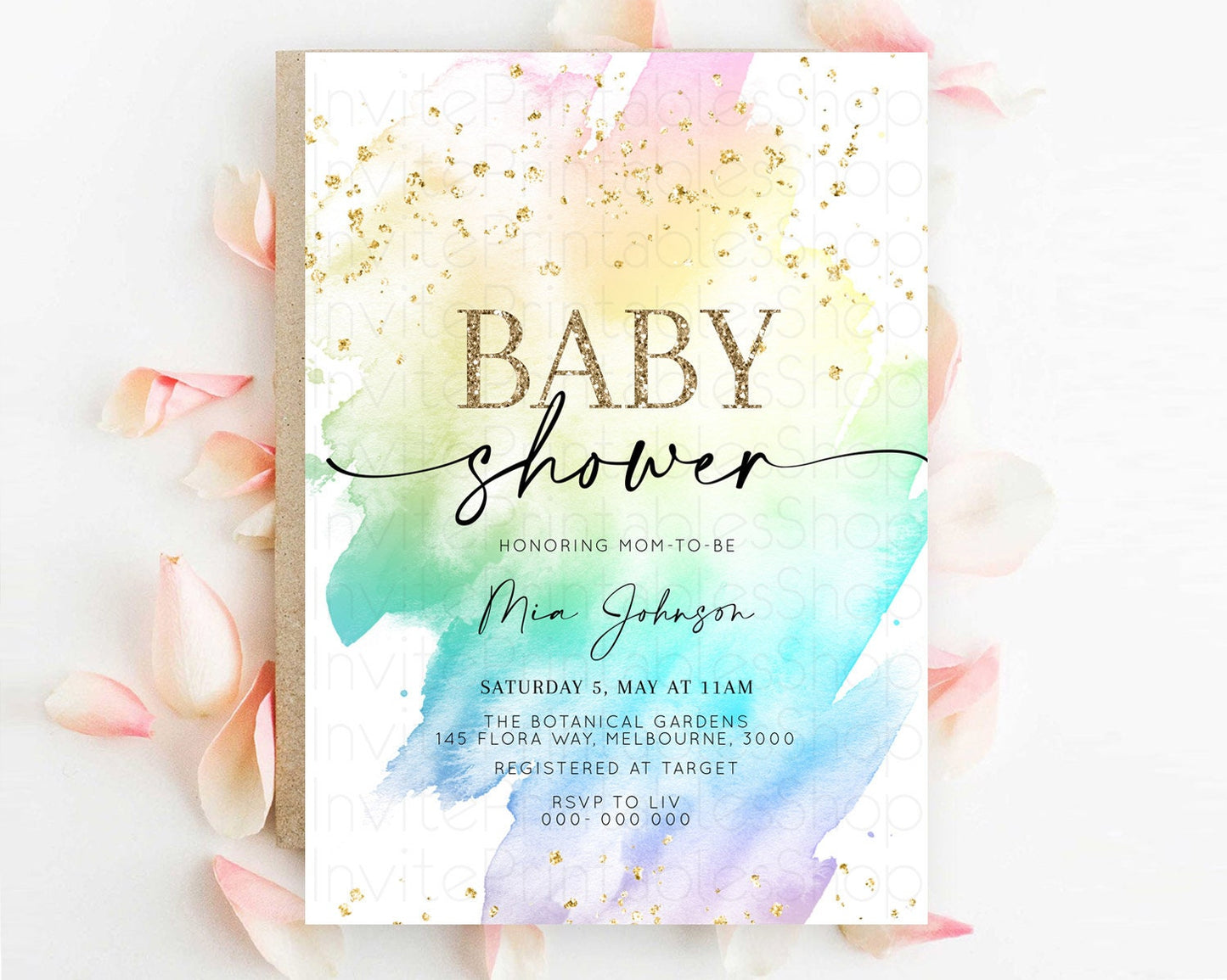 Pastel Rainbow Baby Shower Invitation, Colorful Watercolor Splash, Gold Glitter Confetti Sprinkles, Ombre Pink, Yellow, Blue, Purple D11028