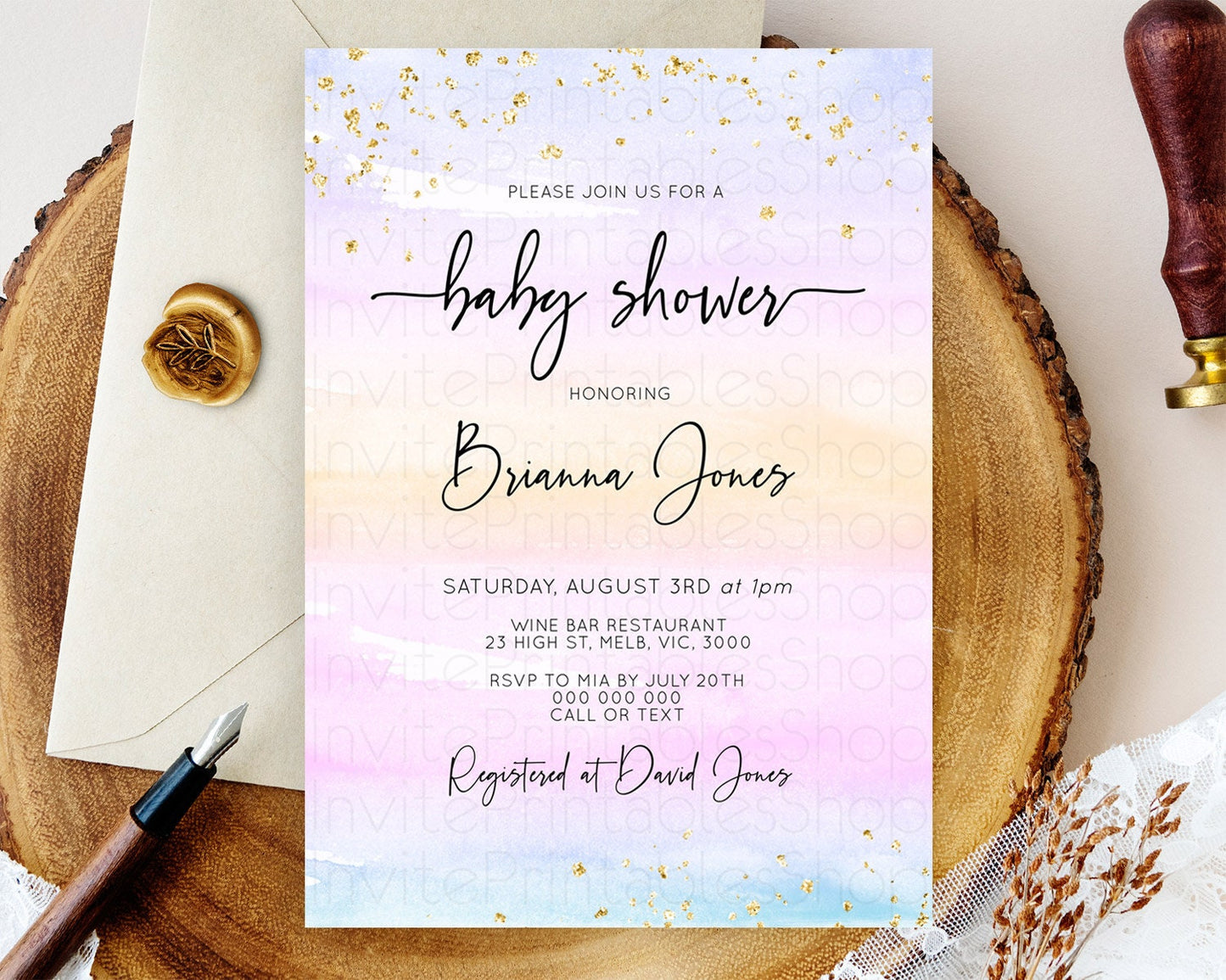 Pastel Baby Shower Invitation Rainbow Baby Shower Invitation Colorful Pastel Watercolor Invitation Gold Glitter Sprinkles Ombre D10594