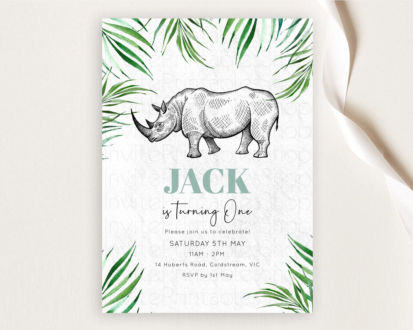 Rhino Birthday Invitation Rhino Invitation Rhino Birthday Rhino Safari Adventure Invite Rhino Palm Leaf Invite Zoo Party D10848