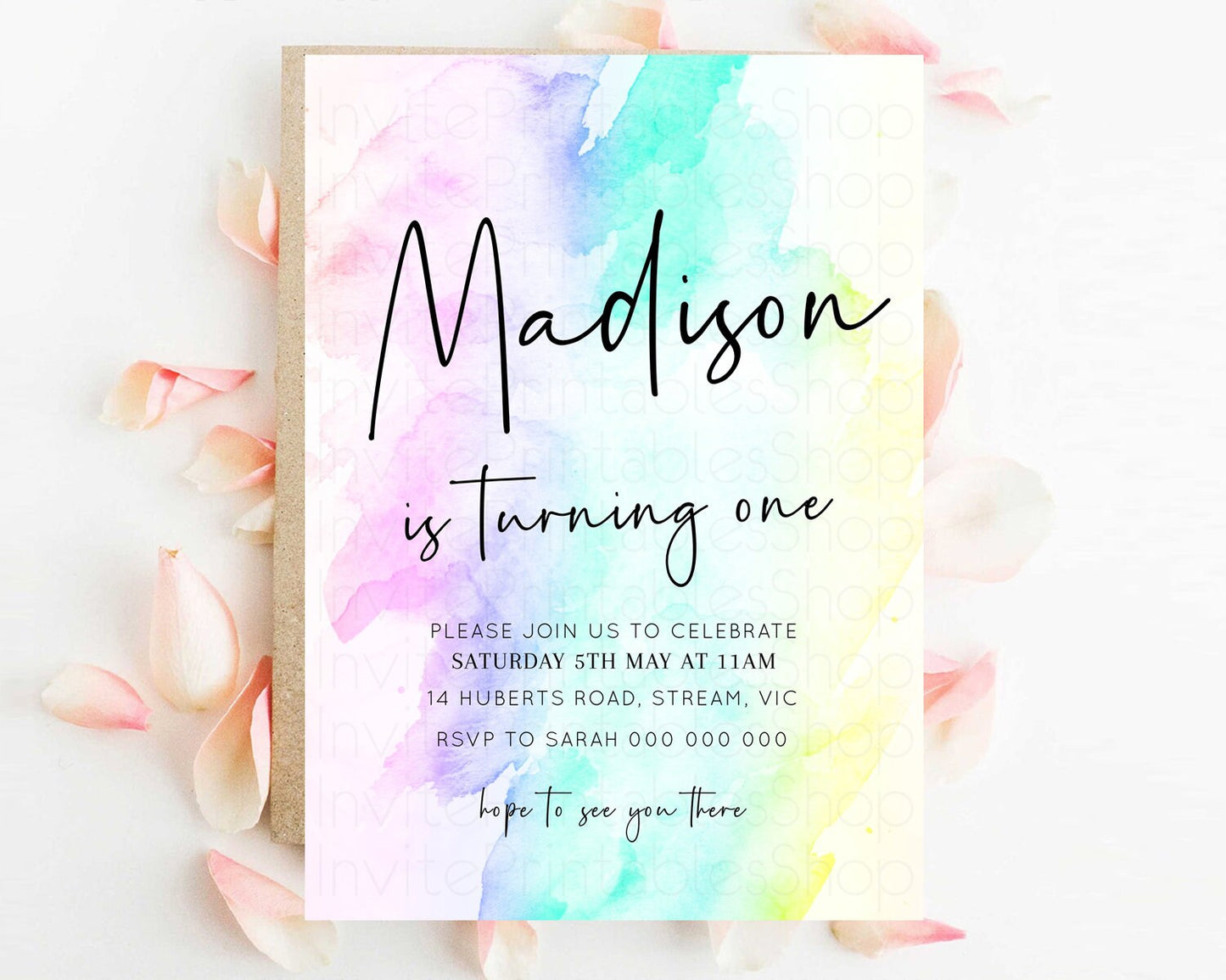 Rainbow Watercolor Birthday Invitation Pastel Rainbow Birthday Invite Ombre Colorful Invite Glitter Art Party Invitation 1st 2nd 3rd F210