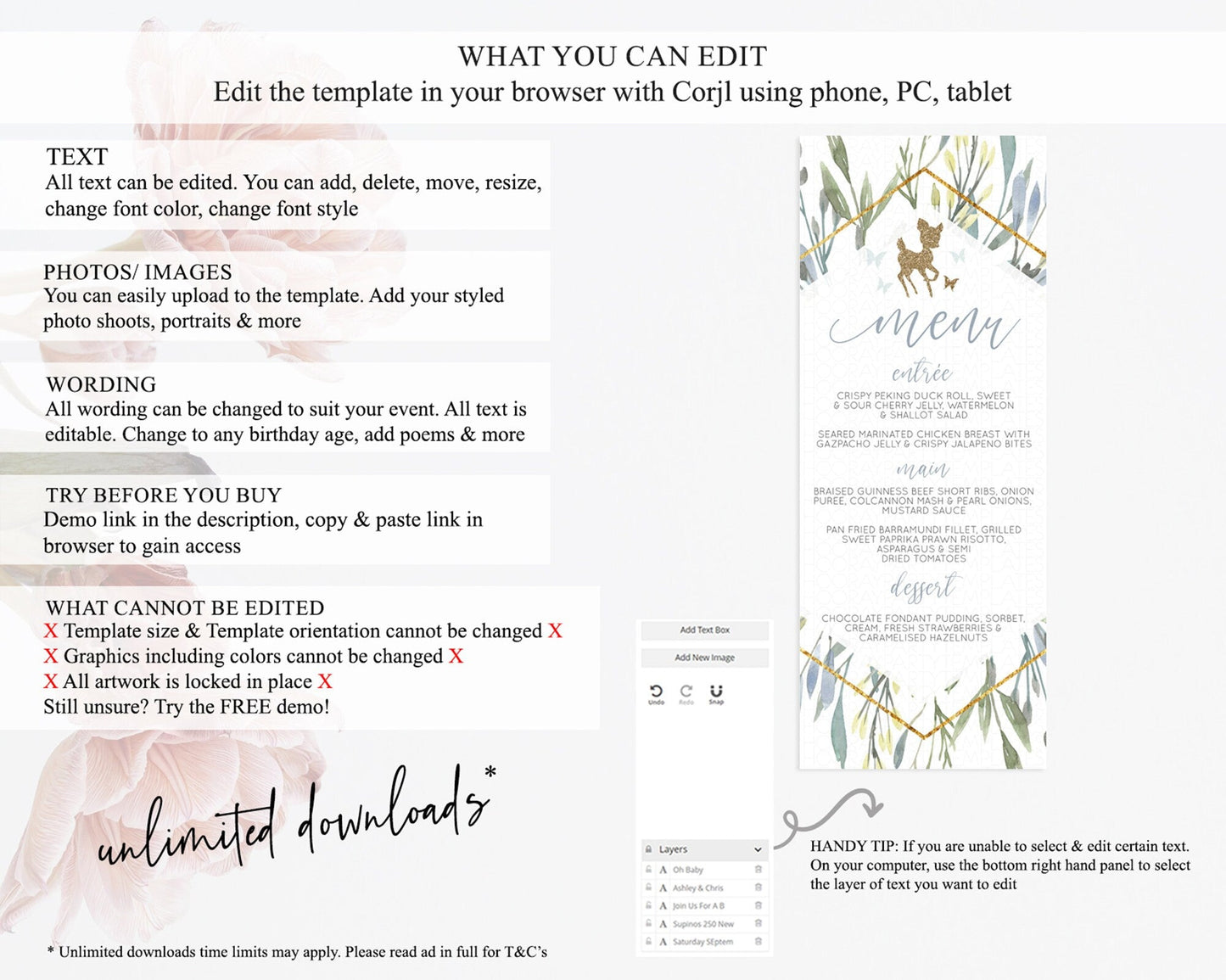Fawn Menu Deer Menu Template Pastel Floral Deer Table Decor Enchanted Forest Butterfly Floral Dinner Dessert Menu Party Food Menu D10534