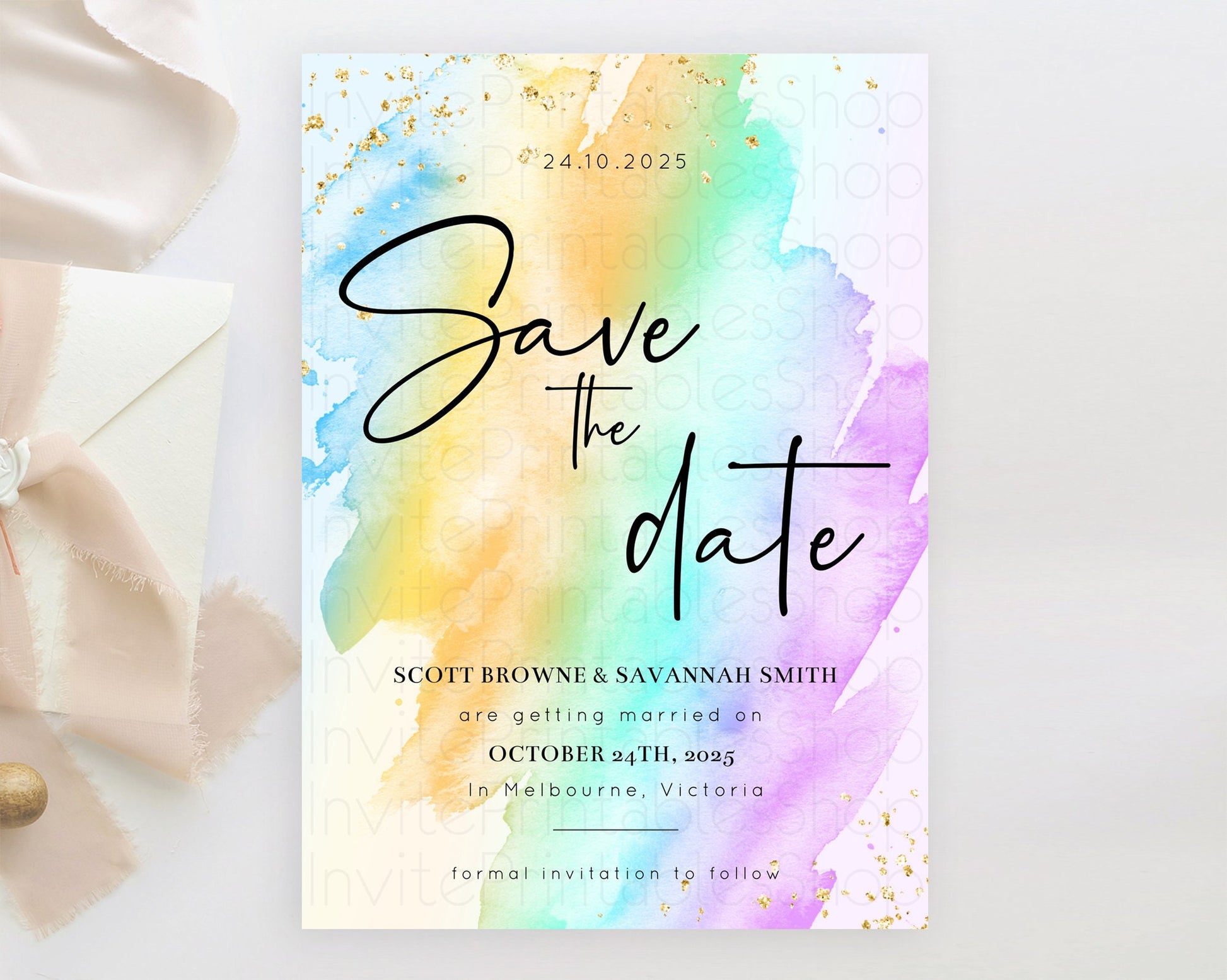 Editable Pastel Save The Date Template Pastel Ombre Rainbow Watercolor Color