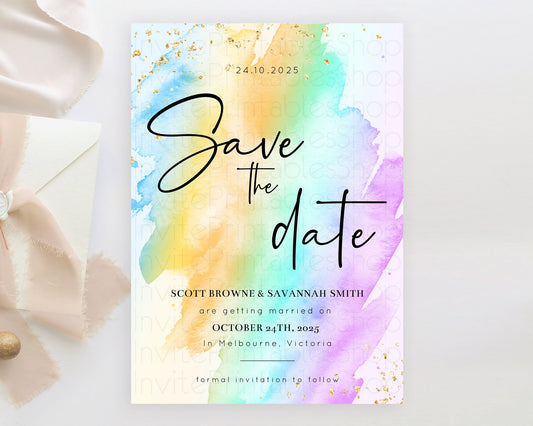 Editable Pastel Save The Date Template Pastel Ombre Rainbow Watercolor Color