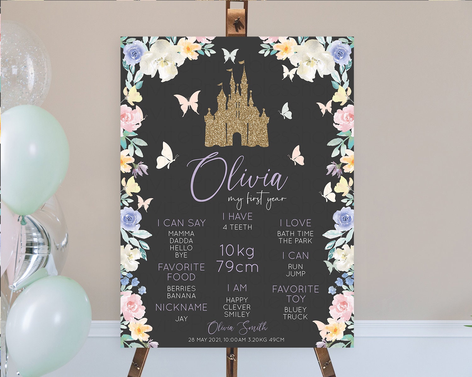 Editable Princess First Birthday Milestone Poster Castle Milestone Board Sec