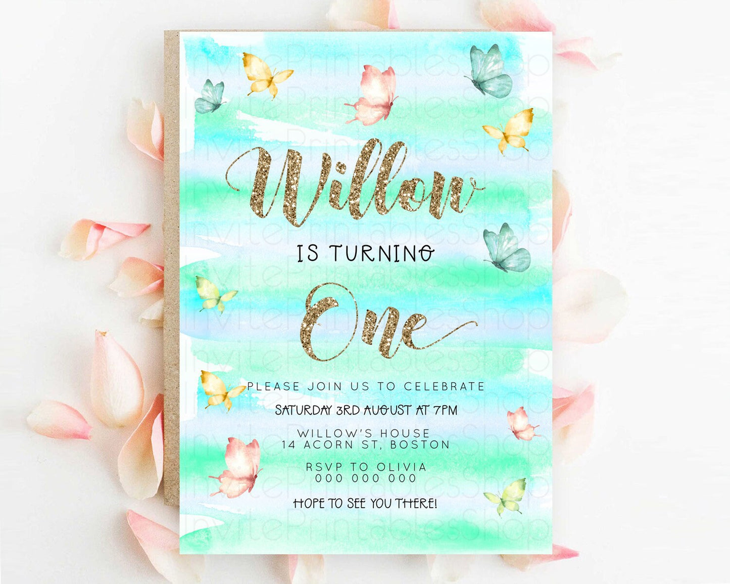 Pastel Butterfly Birthday Invitation Butterfly Birthday Invitation Colorful Splash Glitter Butterfly Garden 1st 2nd Birthday D23220