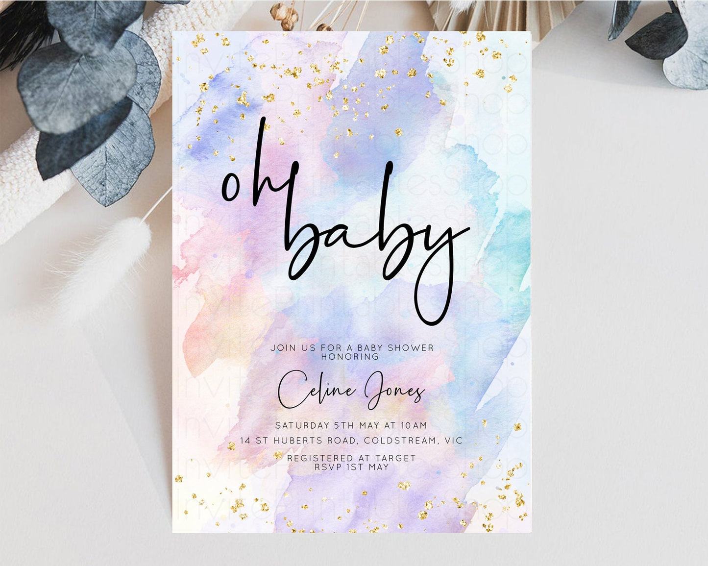 Rainbow Baby Shower Invitation Watercolor Pastel Invitation Colorful Splash Baby Invite Gold Glitter Sprinkles Ombre Gender Reveal t576