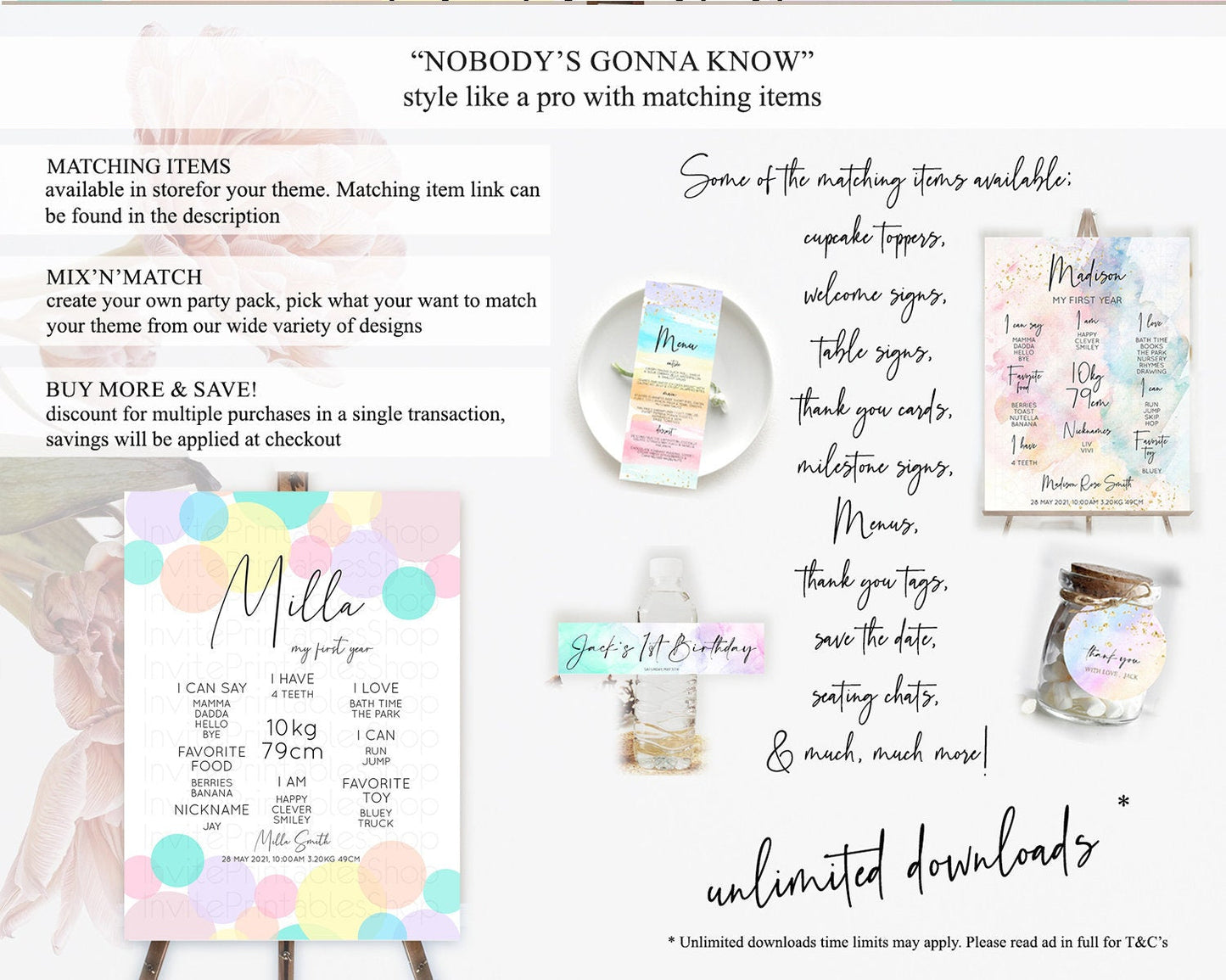 Pastel First Birthday Milestone Poster Pastel Rainbow Confetti First Birthday Milestone Board Colorful Bubbles Birthday Welcome Sign D10784