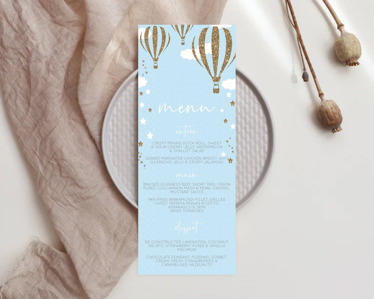 Hot Air Balloon Menu Hot Air Balloon Menu Template Hot Air Balloon Table Decor Adventure Awaits Dinner Dessert Party Food Menu D10332