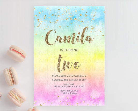 Editable Rainbow Birthday Invitation Colorful Pastel Watercolor Invitation G