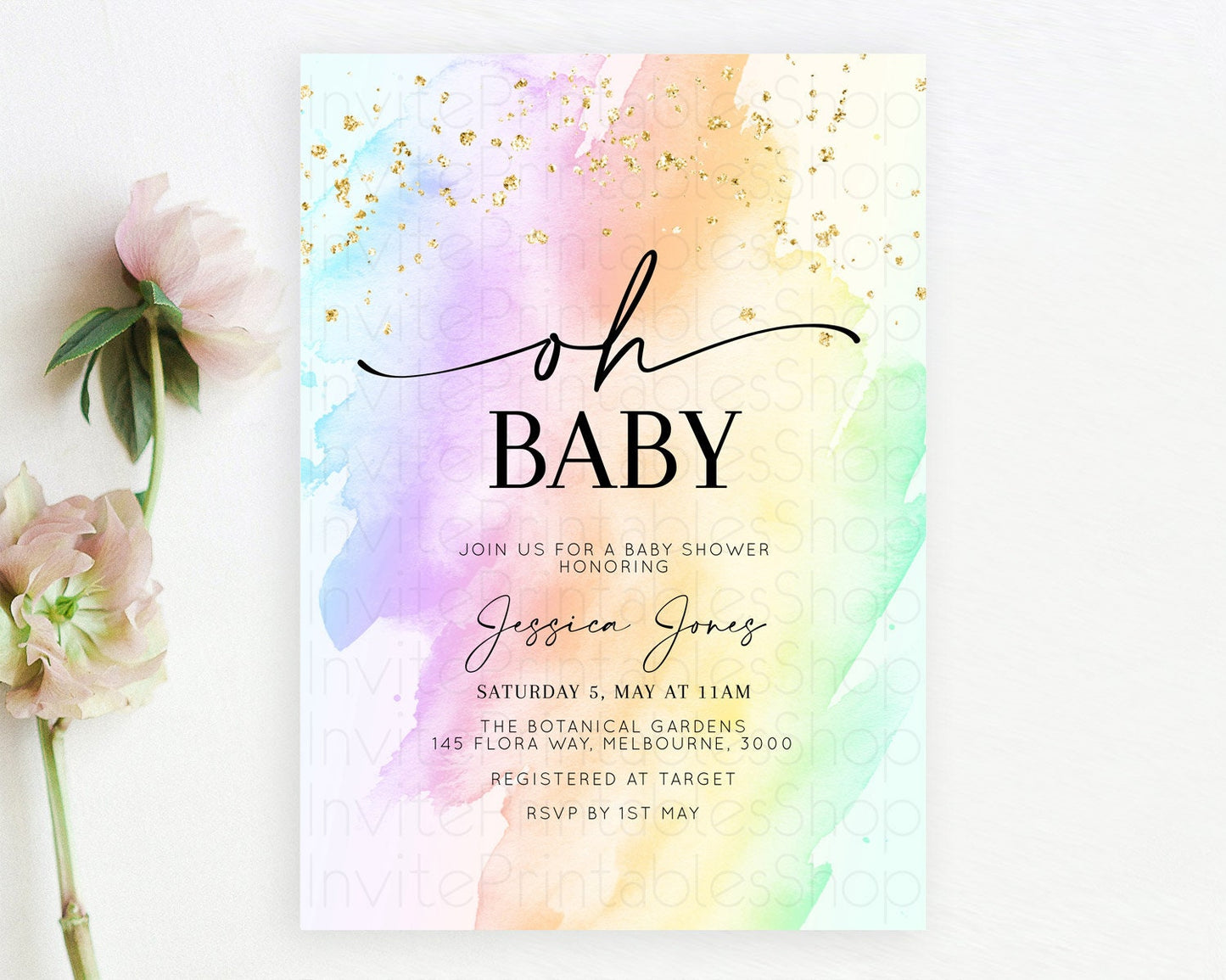 Pastel Baby Shower Invitation Rainbow Baby Shower Invitation Colorful Pastel Watercolor Invitation Gold Glitter Sprinkles Ombre D10645