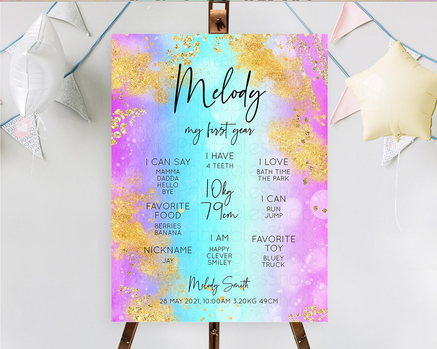 Pastel First Birthday Milestone Board Pastel Rainbow Milestone Poster Colorful Confetti Watercolor Glitter 1st Birthday Welcome Sign D10564
