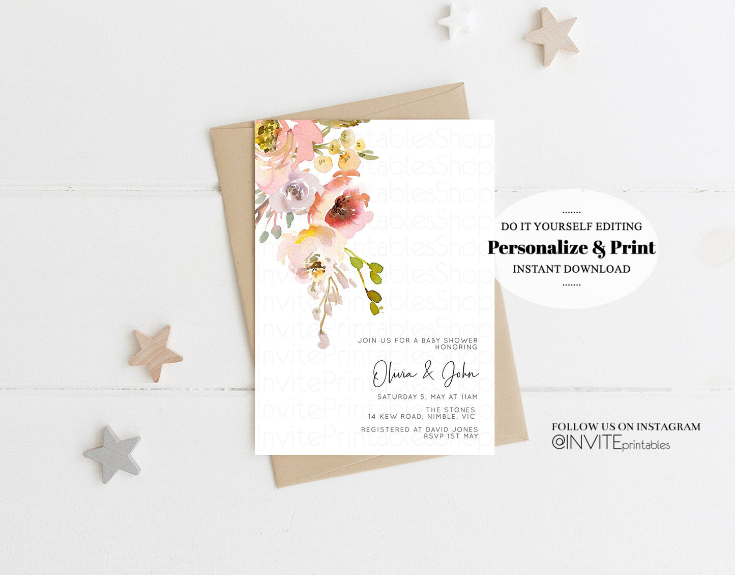 Floral Baby Shower Invitation Secret Garden Whimsical Leaf Watercolor Colorful Dusty Pink Orange Yellow Spring Boho Flowers Editable Invite