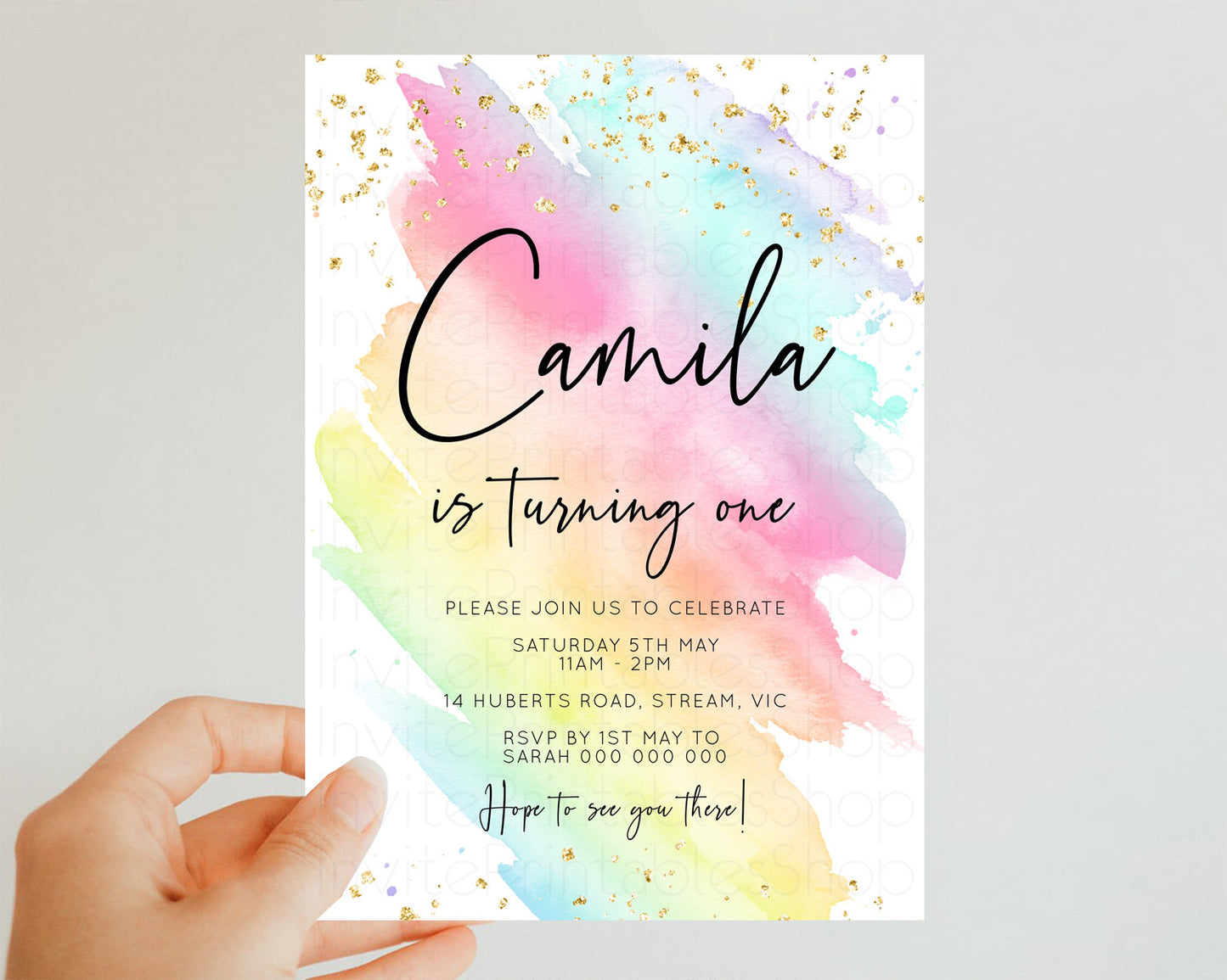 Rainbow Birthday Invitation Pastel Rainbow Birthday Invitation Ombre Watercolor Invite Colorful Splash Glitter Sprinkles 1st 2nd 3rd T518