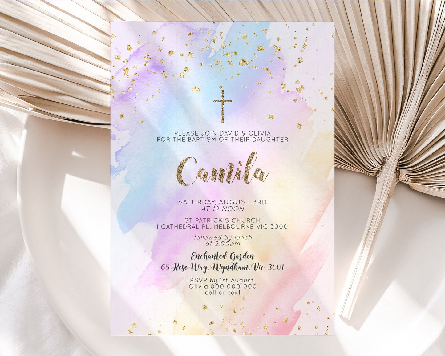 Rainbow Baptism Invitation Pastel Christening Invitation Holy Communion Invitation Glitter Watercolor Splash Invitation Colorful Invite g600