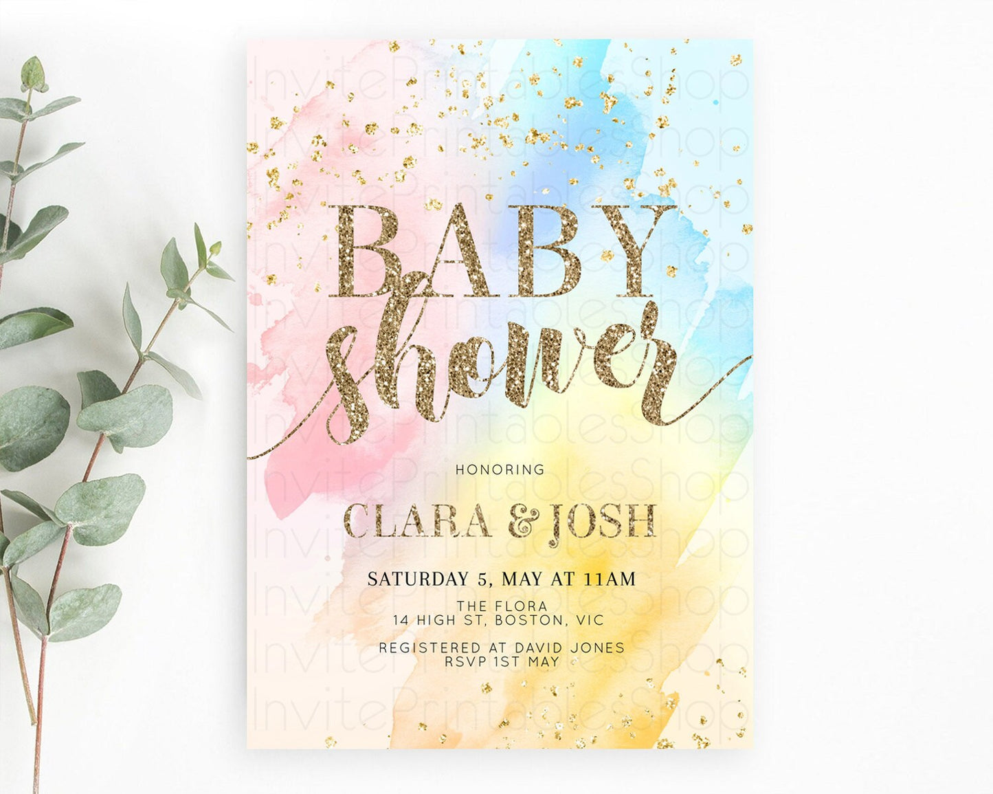 Pastel Baby Shower Invitation Rainbow Baby Shower Invitation Colorful Pastel Watercolor Invitation Gold Glitter Sprinkles Ombre D10556