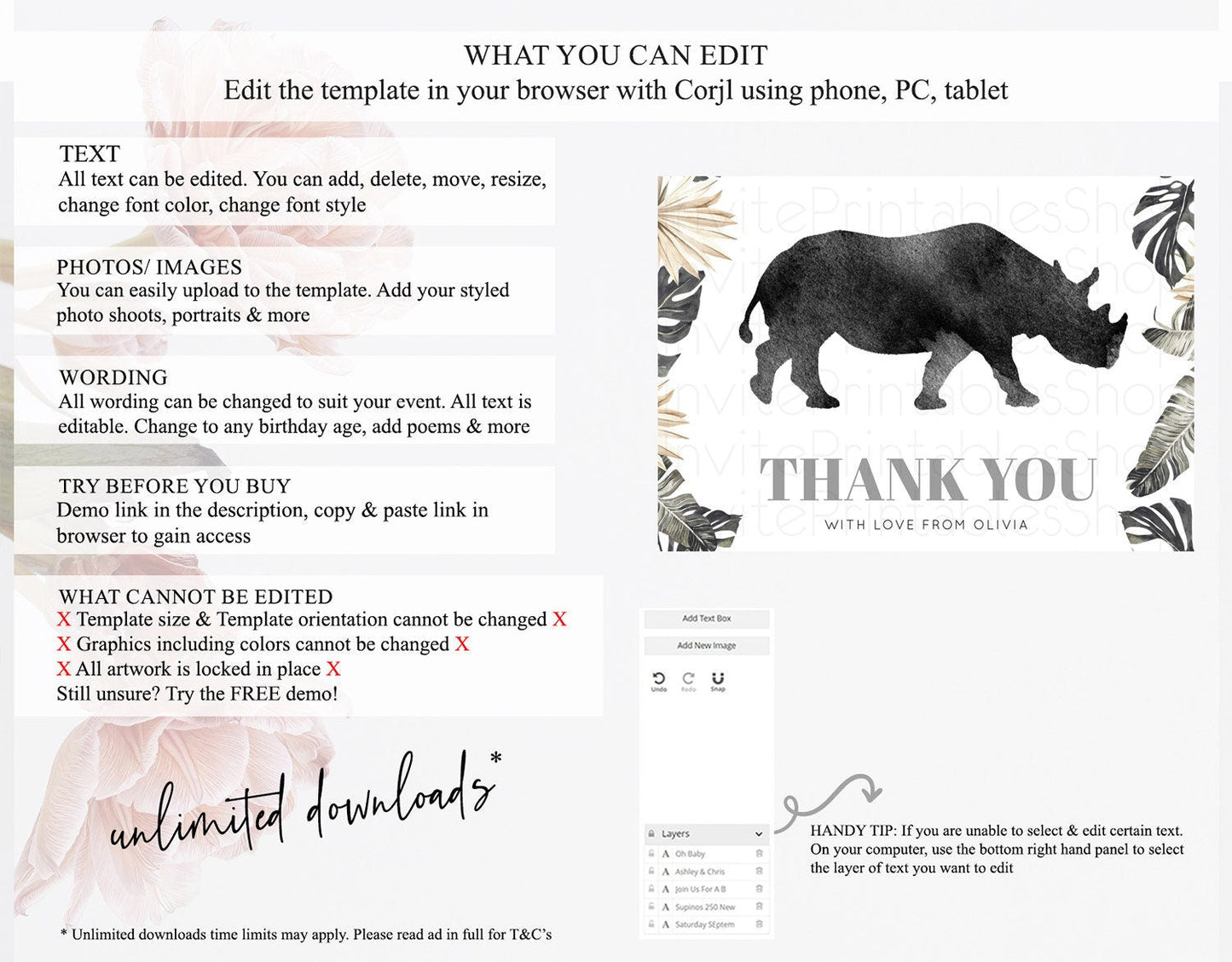 Rhino Thank You Rhino Thank You Card Rhino Birthday Thank You Card Rhino Card Template First Birthday Rhino Teacher Thank You Cards D10805