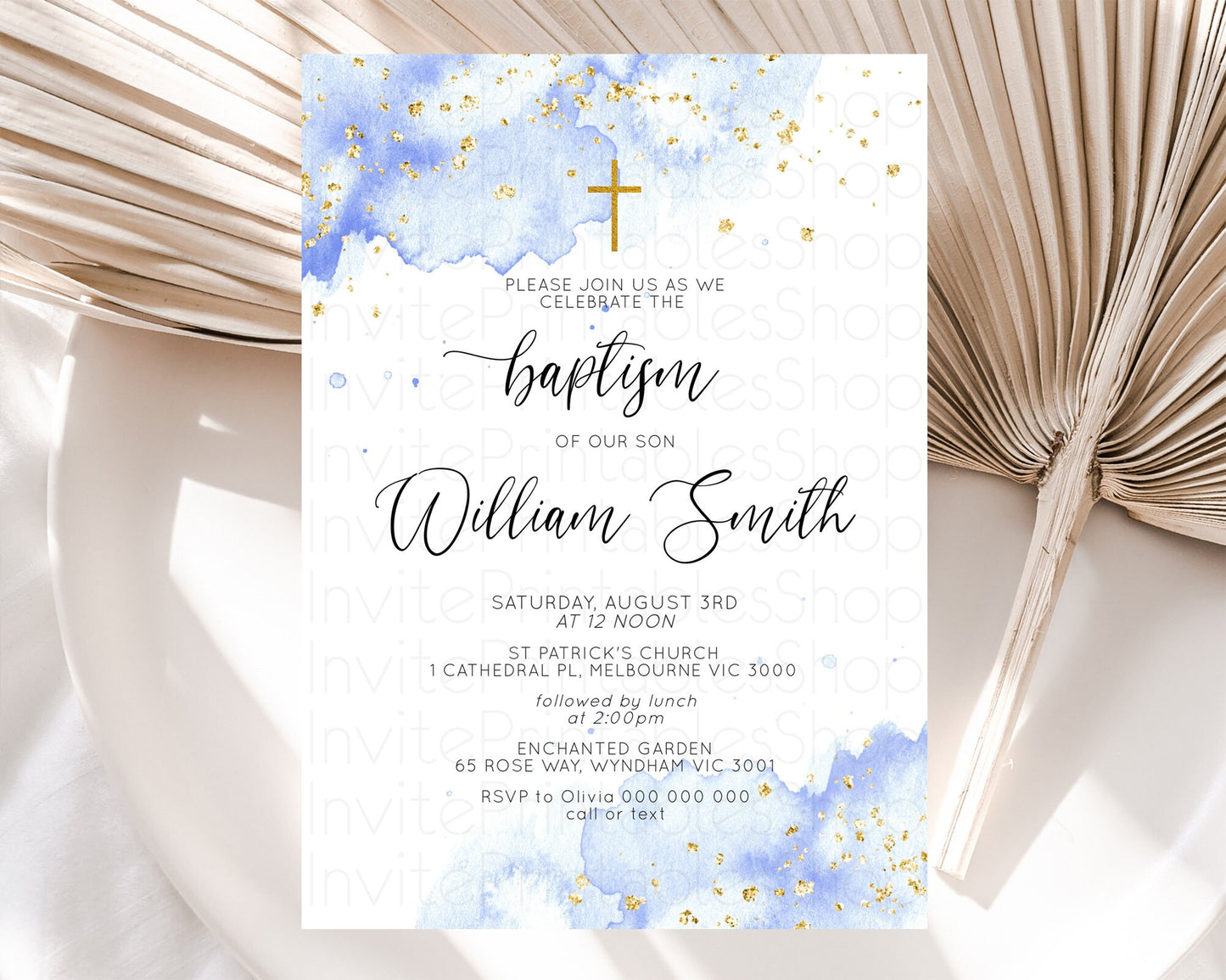 Blue Baptism Invitation Blue Watercolor Baptism 1st Birthday Invitation Pastel Blue Watercolor Christening Invite Blue Splash D10313