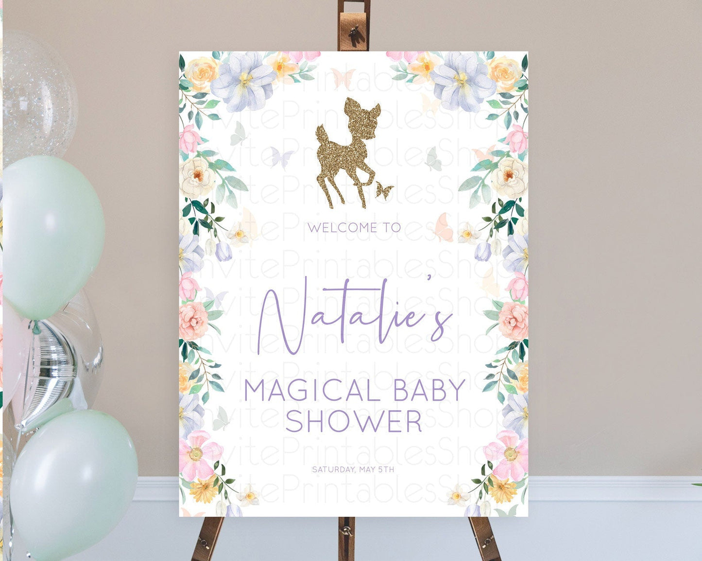 Fawn Baby Shower Welcome Sign Deer Welcome Board Floral Deer Welcome Poster Enchanted Forest Butterfly Pastel Floral Welcome Sign D10477