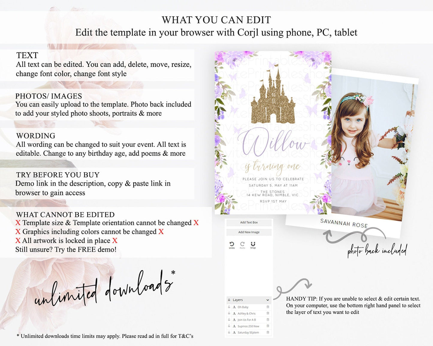 Princess Birthday Invitation Castle Invitation Royal Birthday Fairy Tale Enchanted Castle Pastel Floral Garden 1st First Birthday D10933