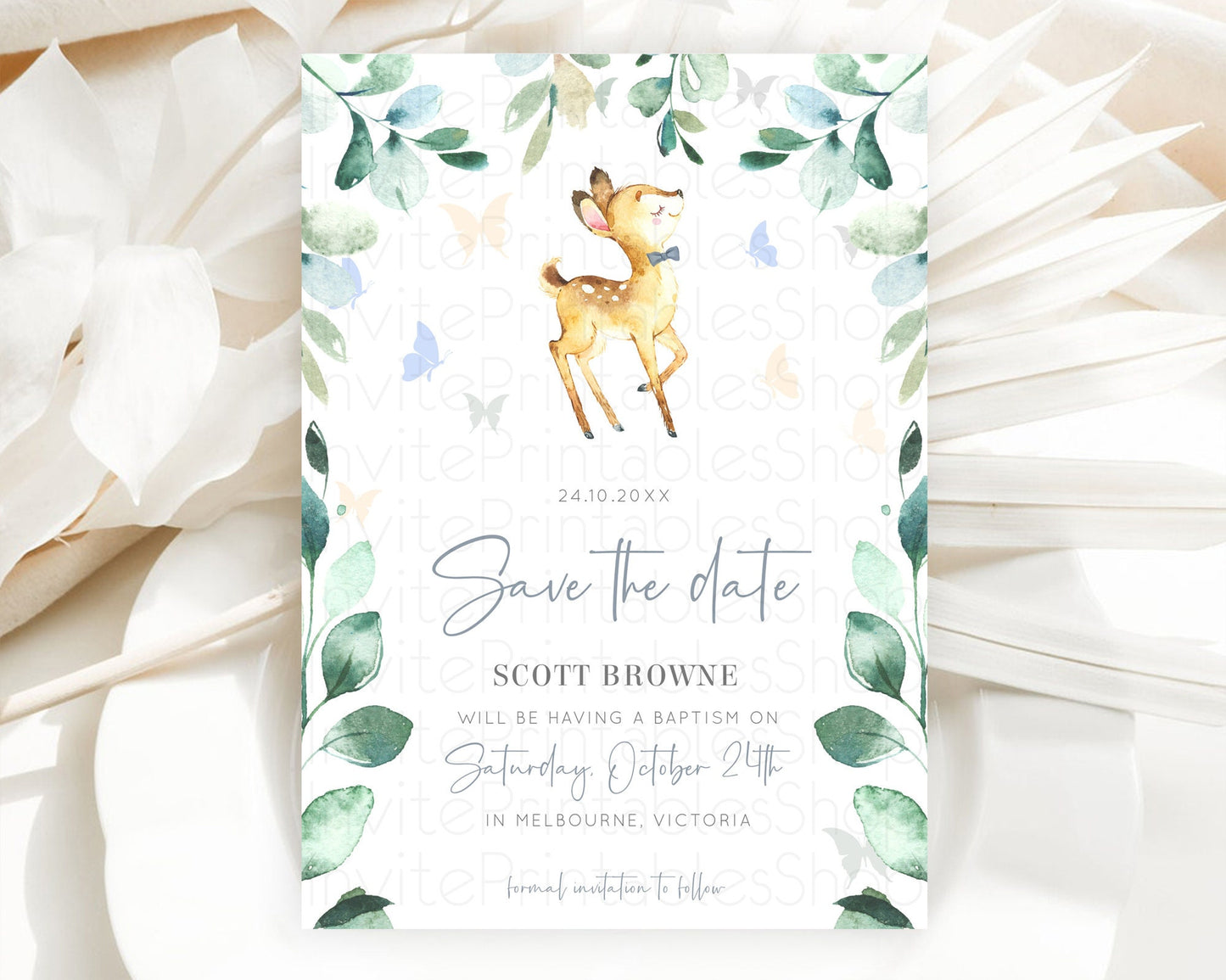 Fawn Deer Save The Date Template Pastel Floral Deer Enchanted Forest Butterfly Party 1st Birthday Baptism Baby Shower Bridal Shower D10767