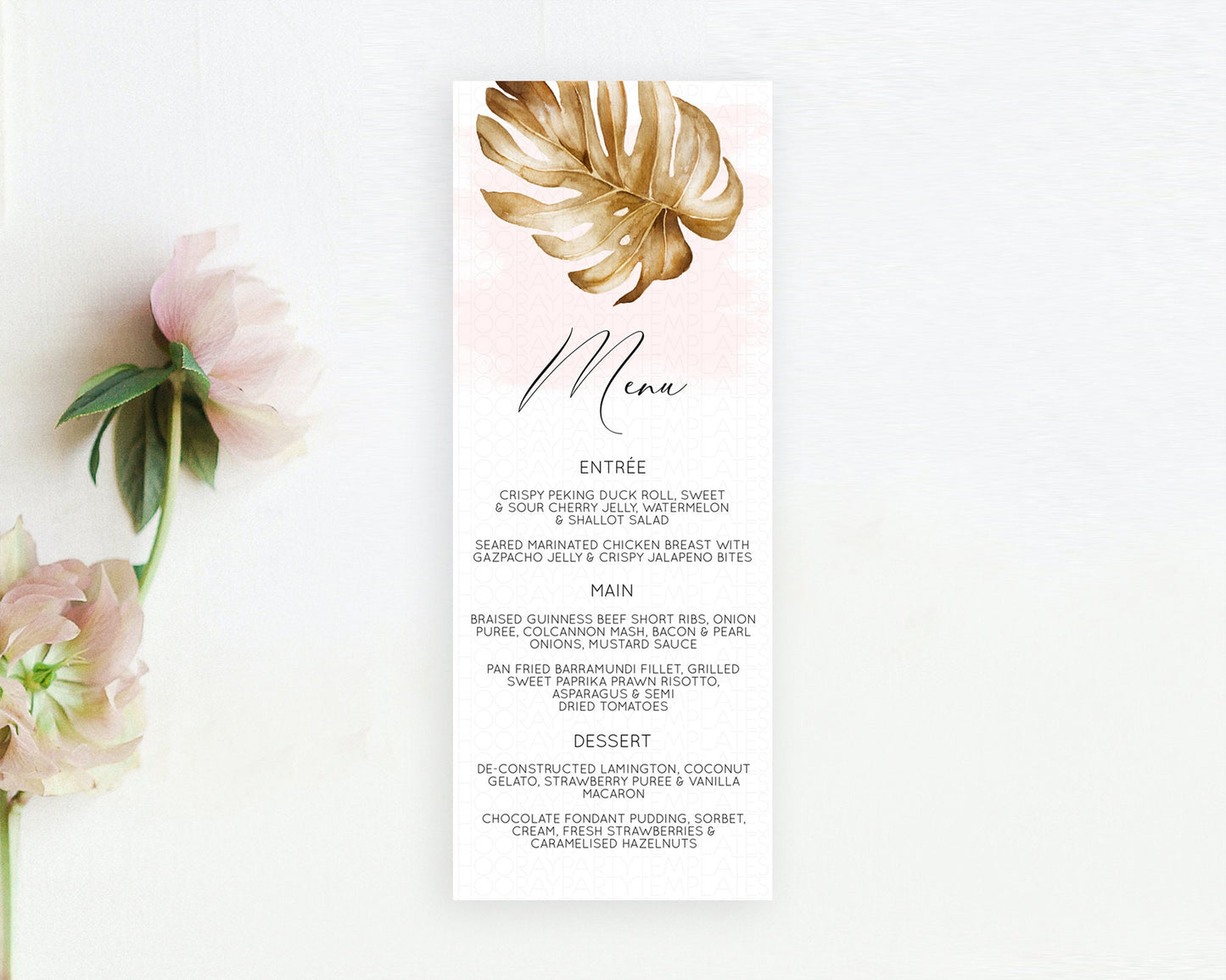 Tropical Menu Template Tropical Menu Palm Leaf Fern Table Decor Frangipani Floral White Orchid Dinner Dessert Menu Party Food Menu D11042