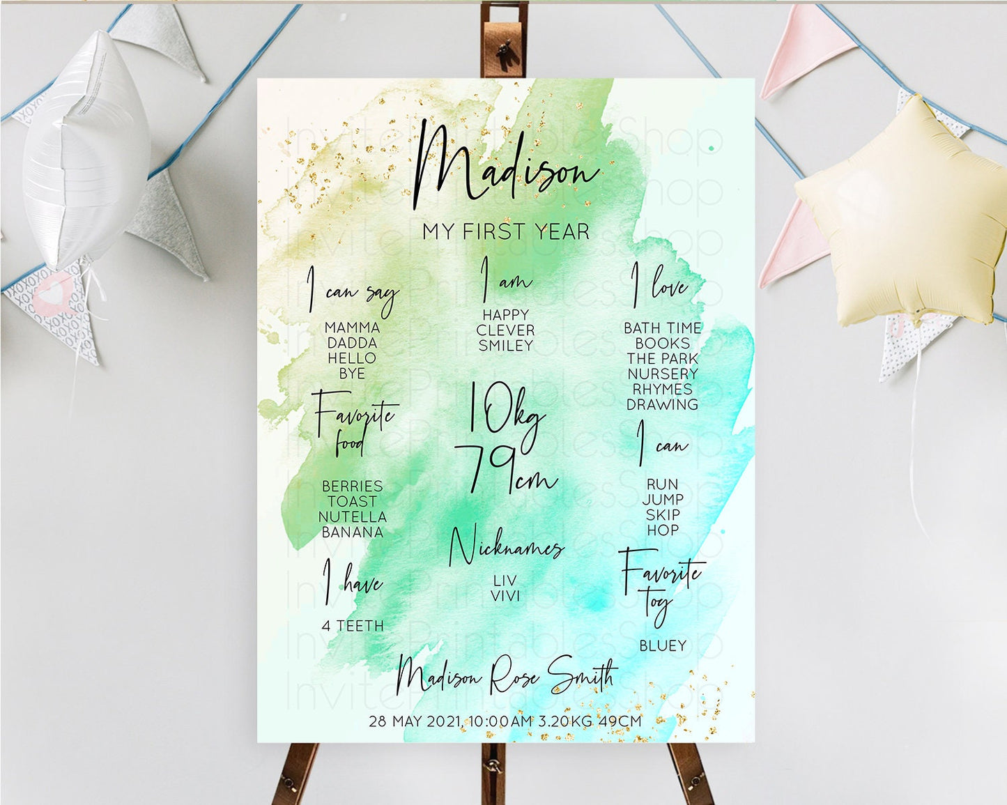 Green First Birthday Milestone Poster Green Watercolor Milestone Board Pastel Green Watercolor Splash Milestone Board 1st Birthday D10170