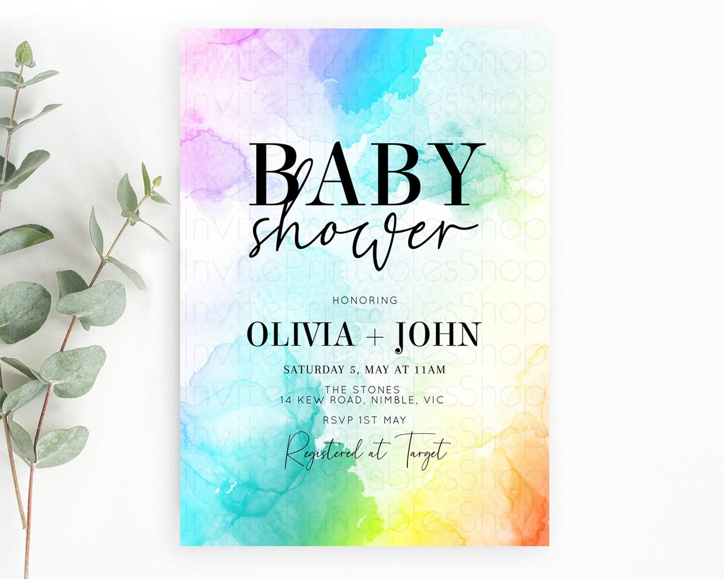 Pastel Baby Shower Invitation Rainbow Baby Shower Invitation Colorful Pastel Watercolor Invitation Gold Glitter Sprinkles Ombre D10961