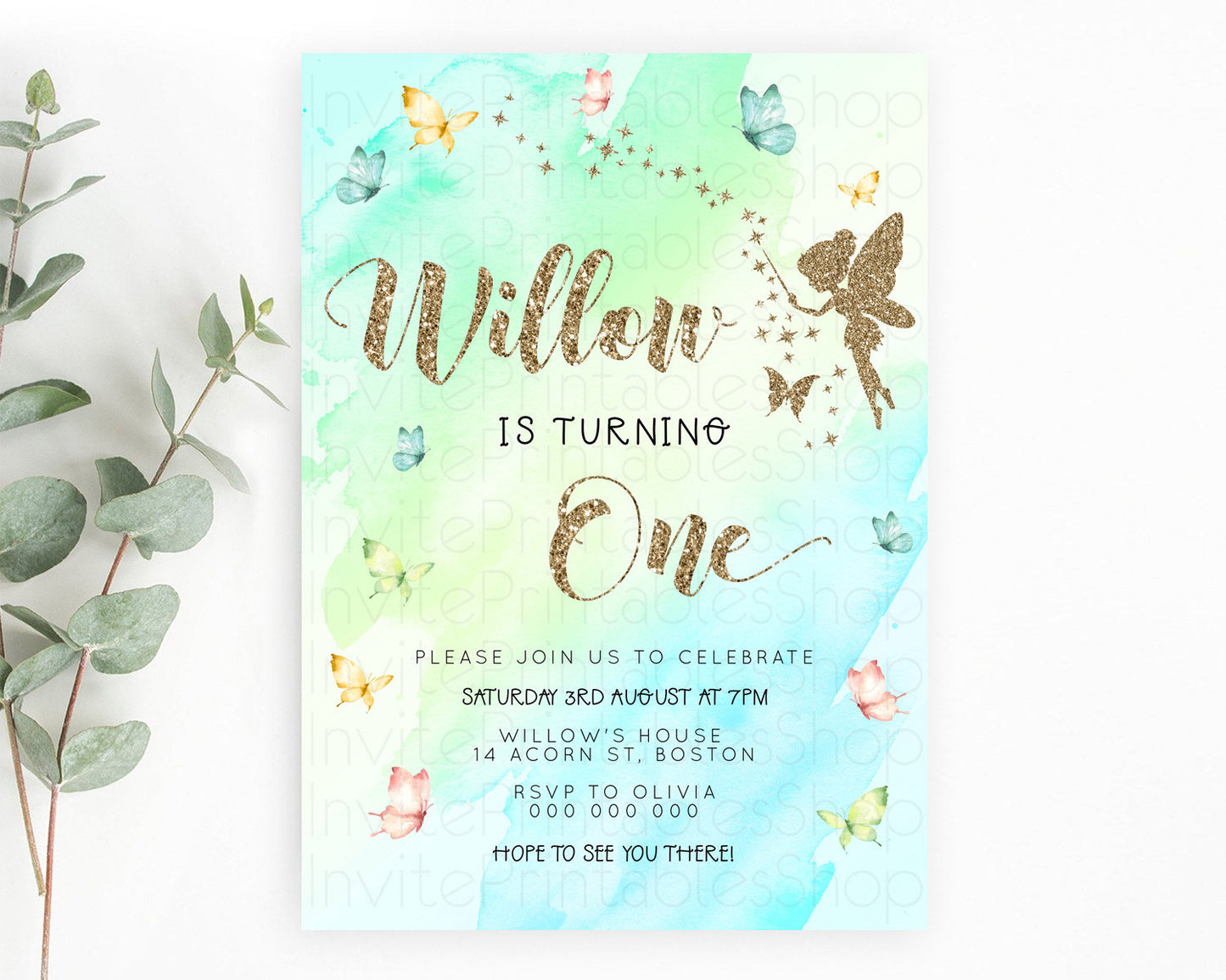 Pastel Fairy Birthday Invitation Pastel Butterflies Fairy Birthday Invitation Rainbow Ombre Watercolor 1st 2nd Birthday Invitation D23334