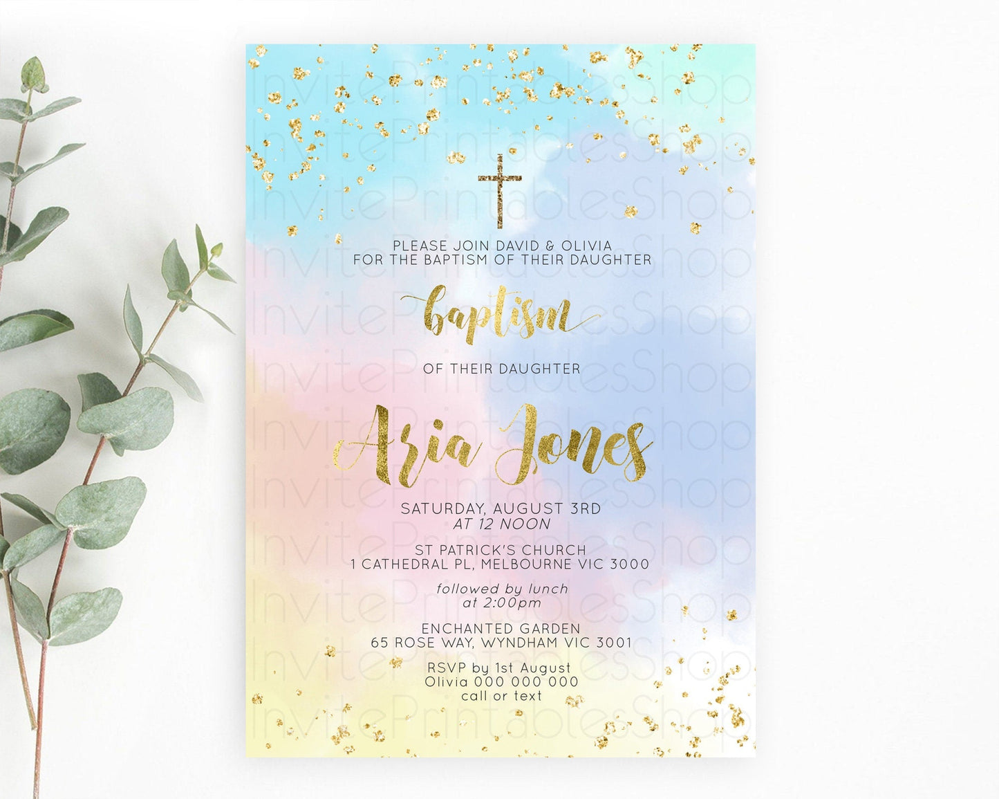 Pastel Baptism Invitation Pastel Colors Watercolor Baptism 1st Birthday Party Gold Ombre Pastel Rainbow Christening Holy Communion D10892