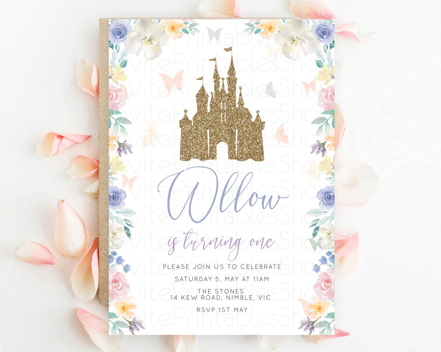 Princess Birthday Invitation Castle Invitation Royal Birthday Fairy Tale Enchanted Castle Pastel Floral Garden 1st First Birthday D10931