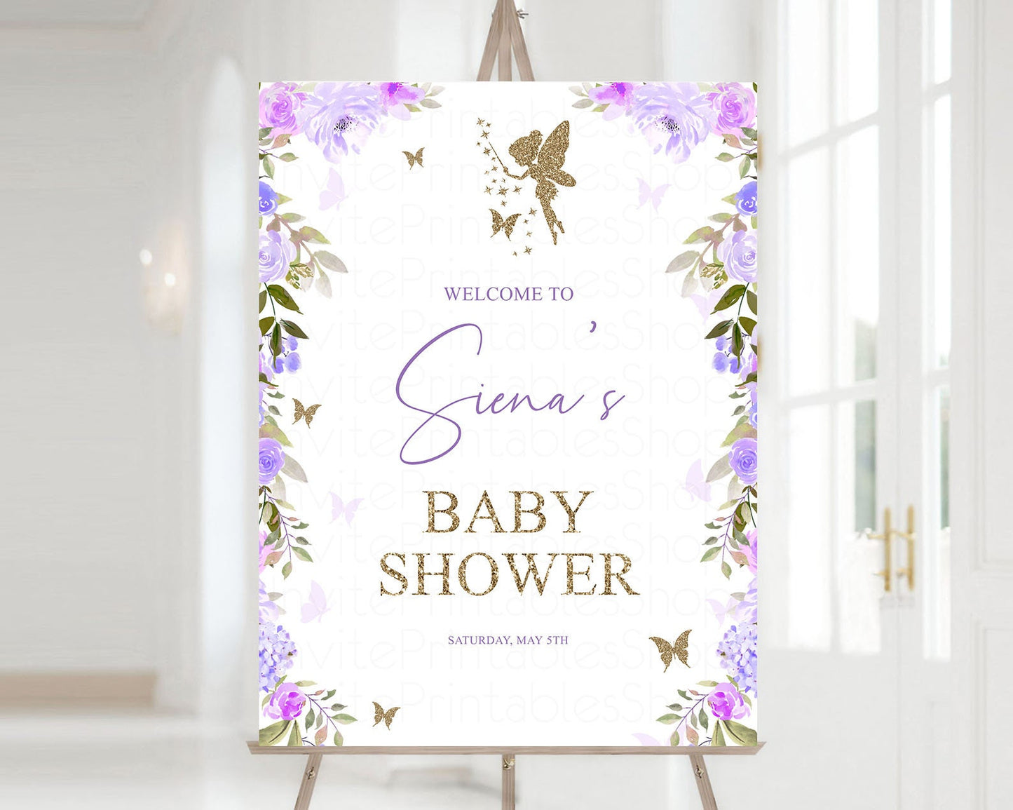 Fairy Baby Shower Welcome Sign Purple Floral Fairy Magic Garden Welcome Board Welcome Poster Keepsake Milestone Watercolor Gold Glitter 47