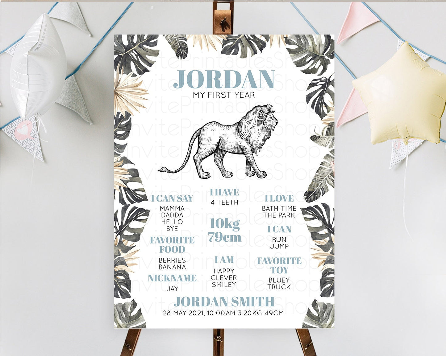 Lion First Birthday Milestone Board Lion Milestone Poster Lion Decor Safari Adventure Palm Leaf Lion First Birthday Welcome Sign D10807