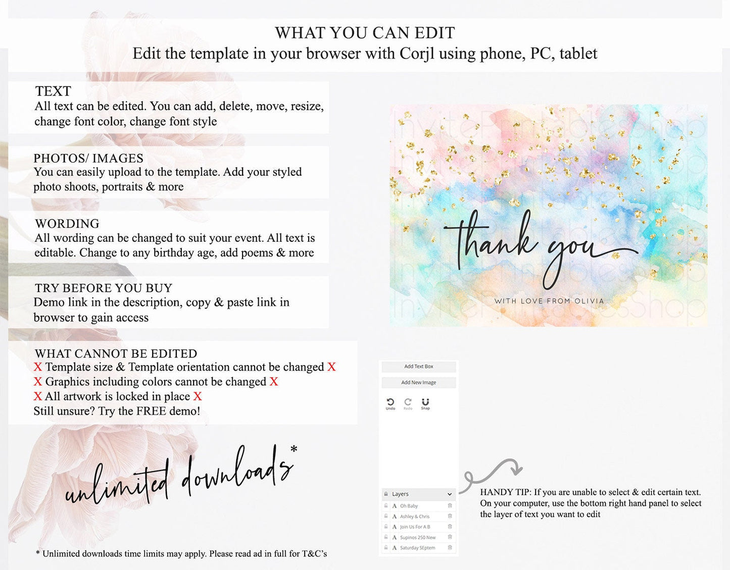 Pastel Thank You Rainbow Thank You Card Colorful Pastel Birthday Thank You Card Confetti Watercolor Pastel Teacher Thank You Cards D10260