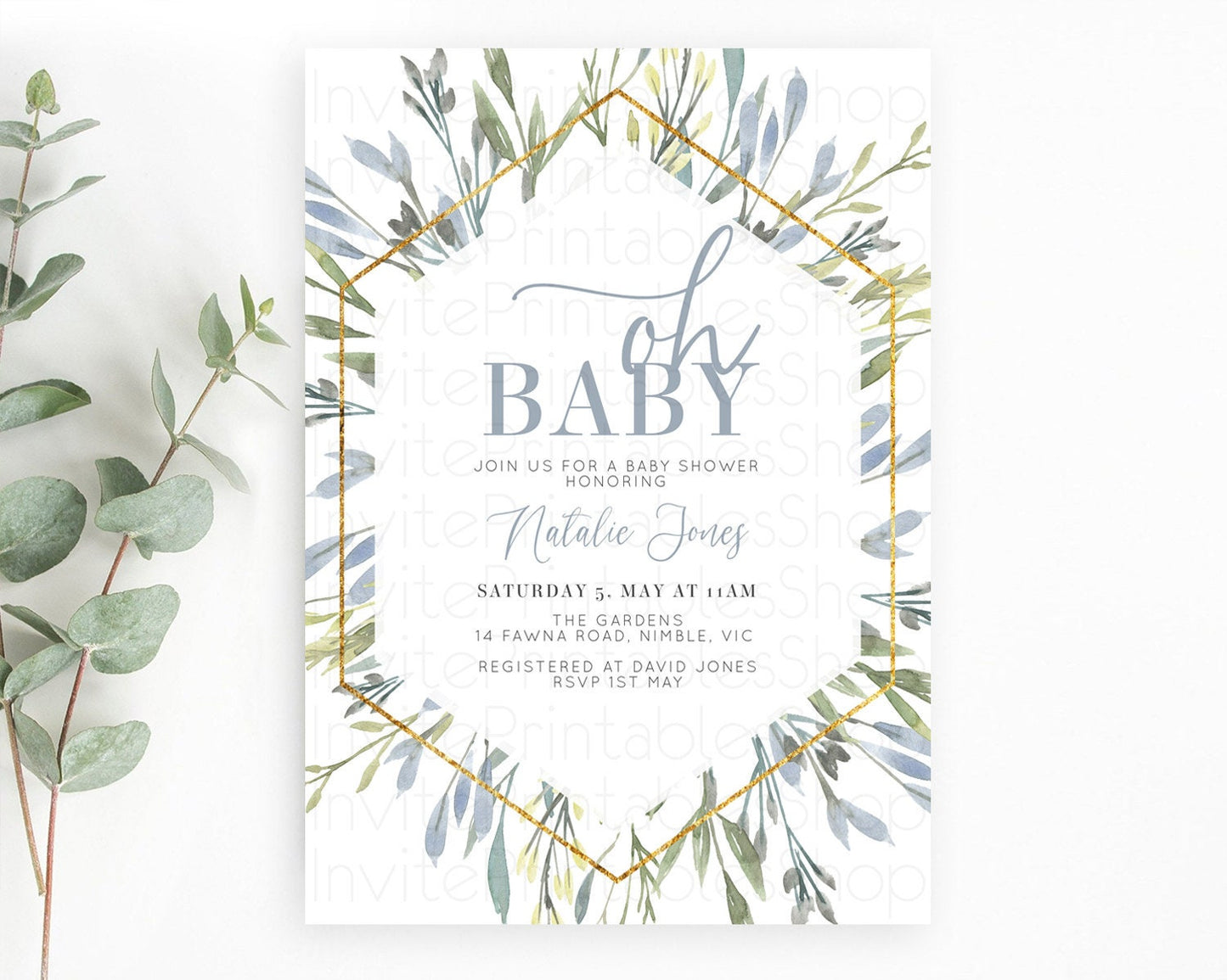 Leaf Baby Shower Invitation Leafy Watercolor Invitation Simple Greenery Invitation Eucalyptus Fern Spray Leaves Minimal Green Leaf D10532