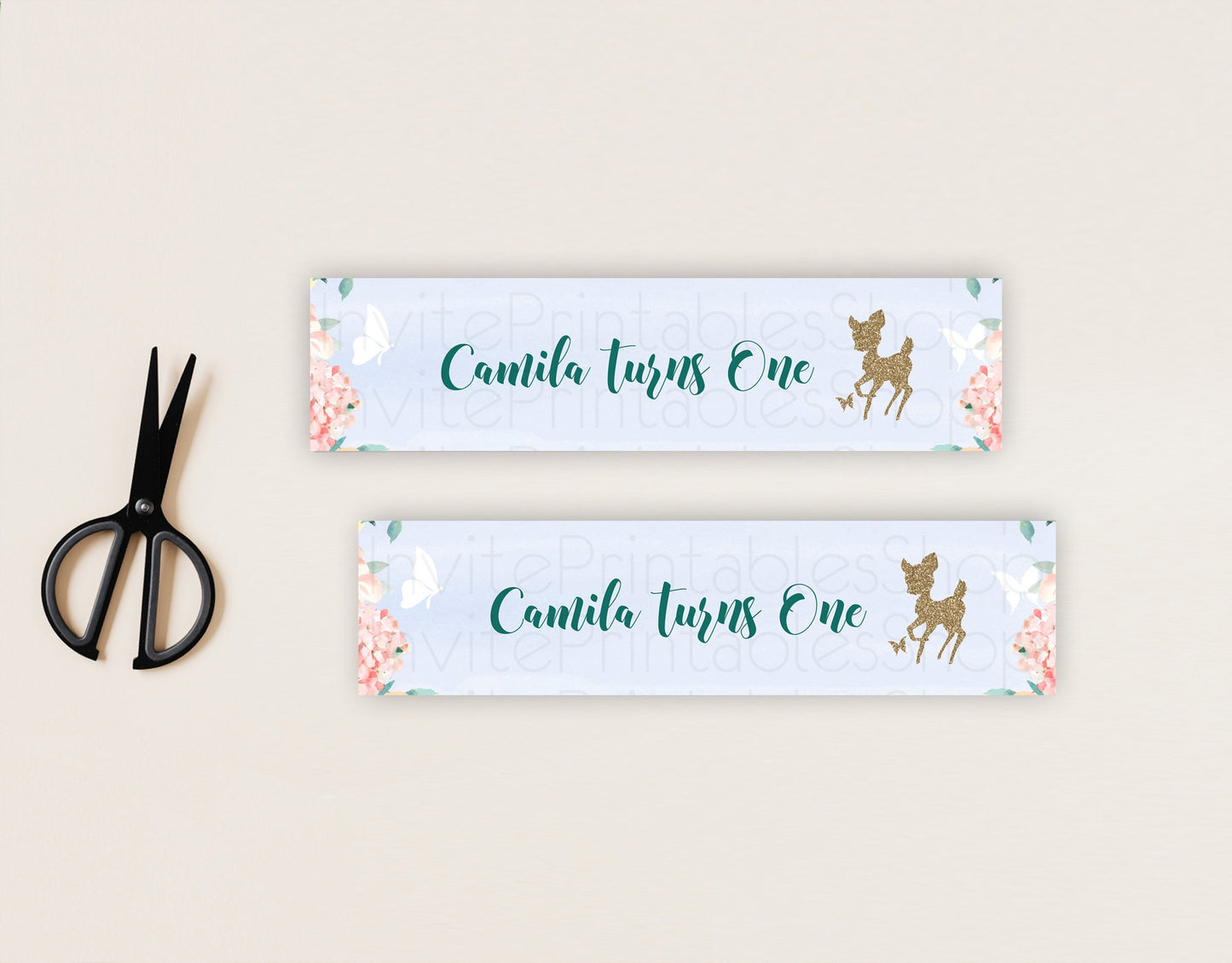 Fawn Deer Water Label Template Pastel Floral Deer Enchanted Forest Butterfly Party Decor Birthday Baptism Baby Shower Bridal Shower D10875