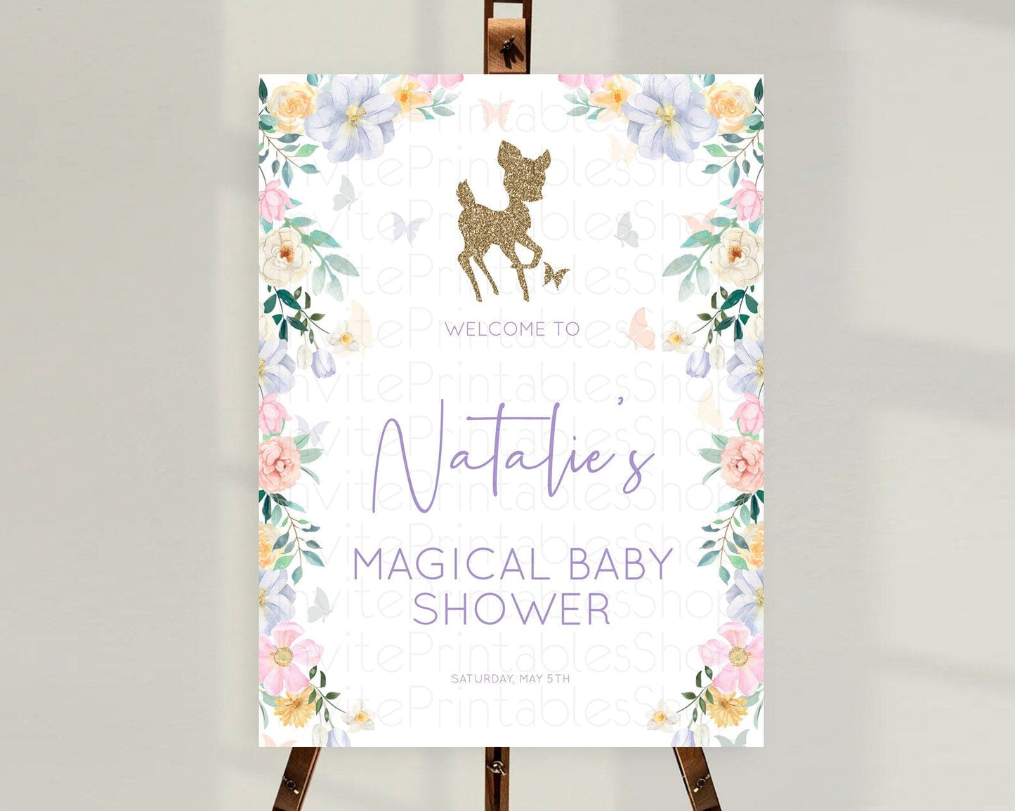 Fawn Baby Shower Welcome Sign Deer Welcome Board Floral Deer Welcome Poster Enchanted Forest Butterfly Pastel Floral Welcome Sign D10477