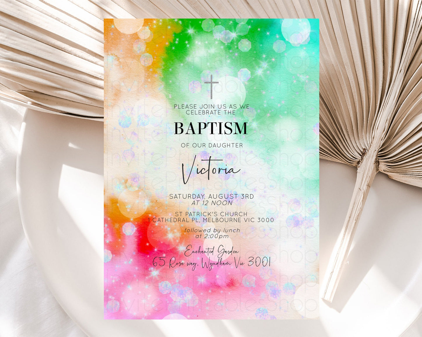 Rainbow Baptism Invitation Colorful Pastel Watercolor Baptism 1st Birthday Invitation Iridescent Glitter Sprinkles Ombre Christening D10691