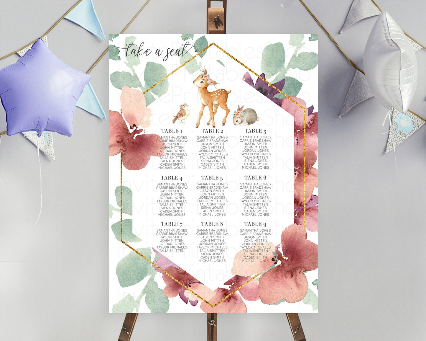 Fawn Seating Chart Deer Seating Chart Enchanted Forest Party Butterfly Pastel Flowers Whimsical Seating Chart Woodland Seating Sign D10913